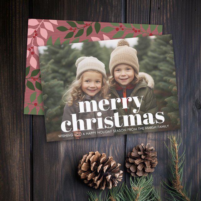 Photo - Huge Merry Christmas white overlay - berry Holiday Card (Rustic Modern Christmas Card with Type Overlay, Botanical Background - Print and Download Options)
