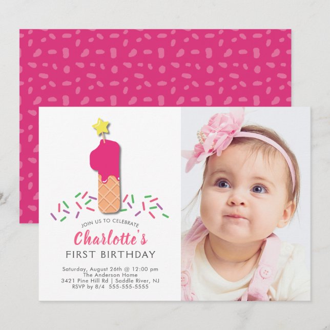 Photo Ice Cream 1st Birthday Invitation (Front/Back)
