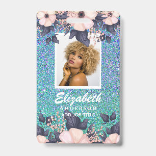 PHOTO ID - Employee VIP Pass Girly Glitter Flowers Badge