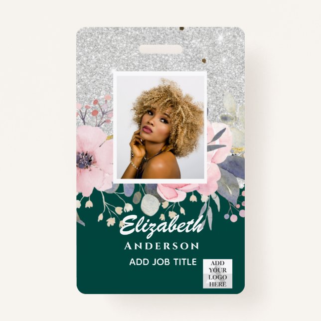PHOTO-ID Employee VIP PASS Girly Glitter Flowers Badge (Front)