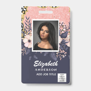PHOTO-ID Employee VIP PASS Girly Glitter Flowers Badge
