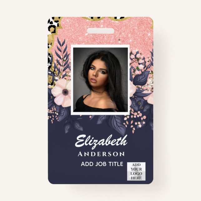 PHOTO-ID Employee VIP PASS Girly Glitter Flowers Badge (Front)