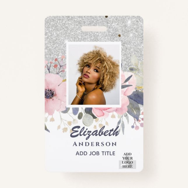 PHOTO-ID Employee VIP PASS Girly Glitter Flowers Badge (Front)