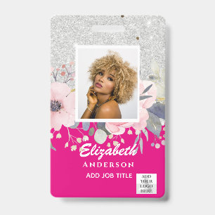 PHOTO-ID Employee VIP PASS Girly Glitter Flowers Badge