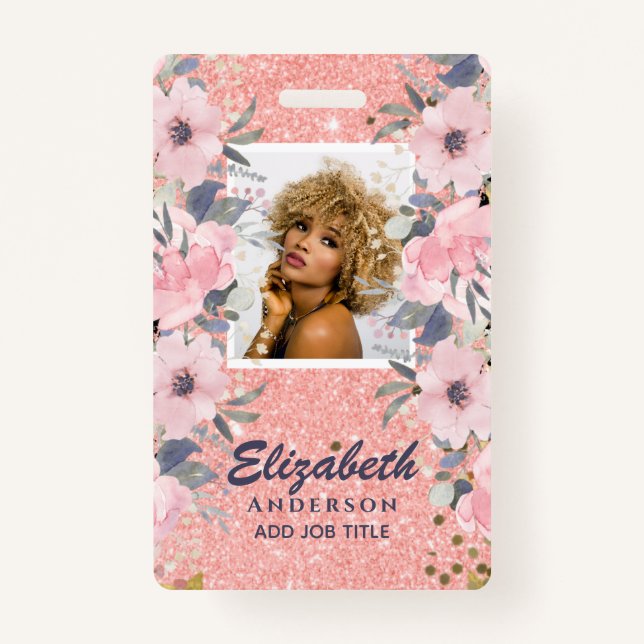 PHOTO ID - Employee VIP Pass Girly Glitter Flowers Badge (Front)