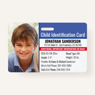 Photo Identification Emergency Allergy Child ID Badge