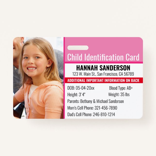 Photo Identification Emergency Allergy Child ID Badge (Front)