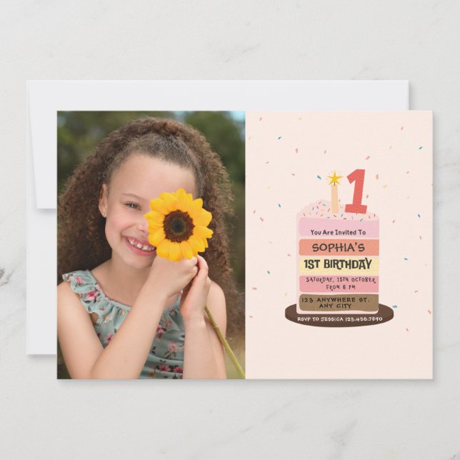 Photo illustrated cake 1st Birthday Party Invitation (Front)