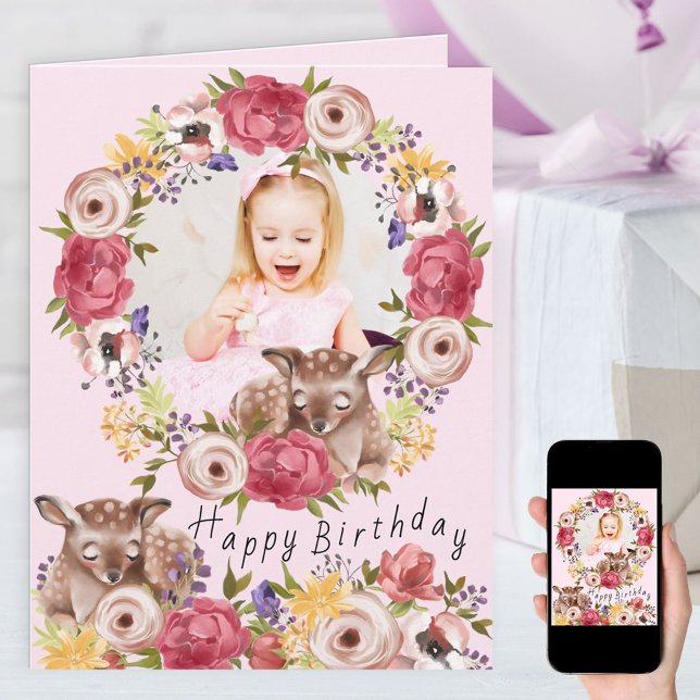 Photo in Floral Wreath Woodland Deer Pink Birthday Card (Creator Uploaded)