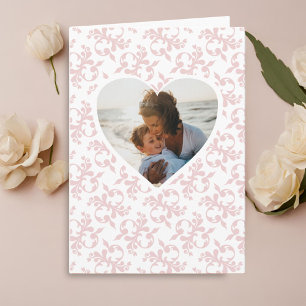 Photo in Heart Pink Rococo Pattern Mother`s Day Card