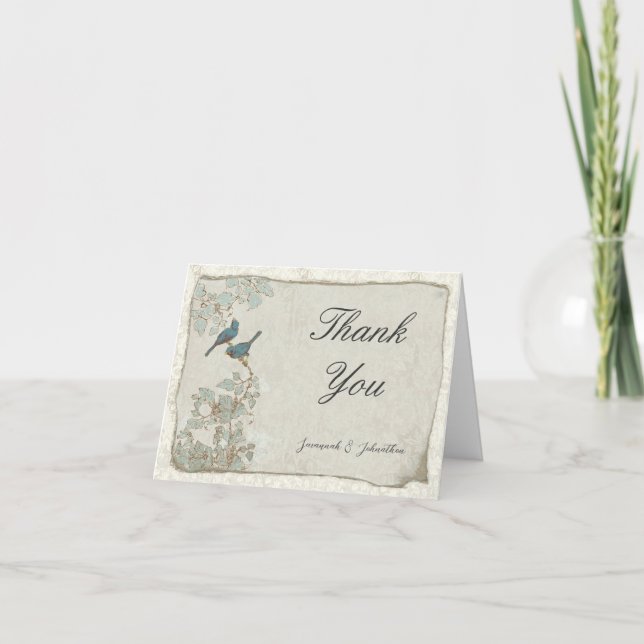 Photo Inside Love Birds Parchment Damask   Thank You Card (Front)