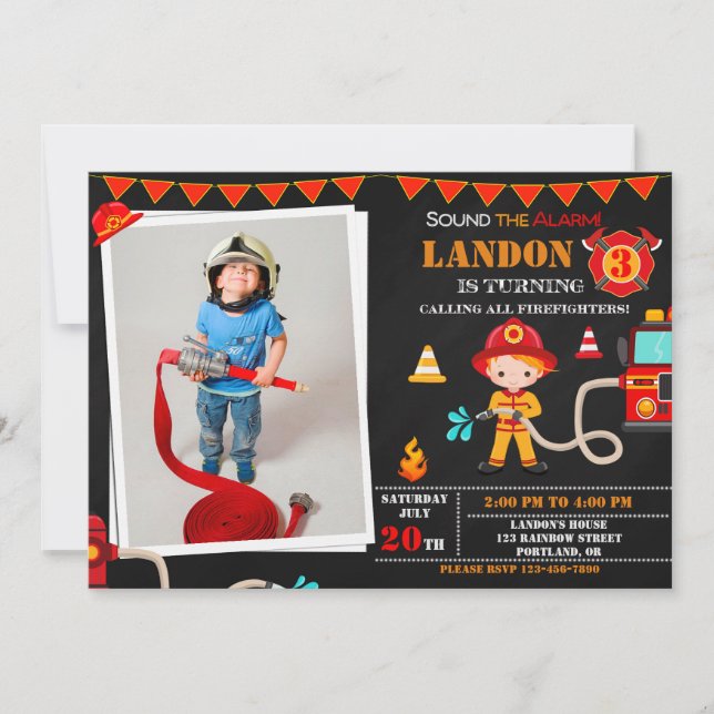 Photo Invitation d'anniversaire de pompier Camion (Devant)
