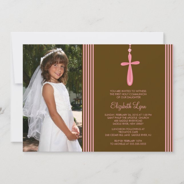 Photo Invitation Première communion Croix rose (Devant)