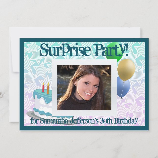 Photo Invitations Surprise Party, bleu et blanc (Devant)