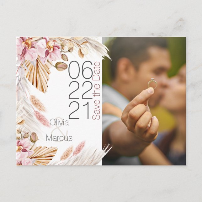 Photo Ivory Pampas Grass Pink Orchid Save the Date Postcard (Front)