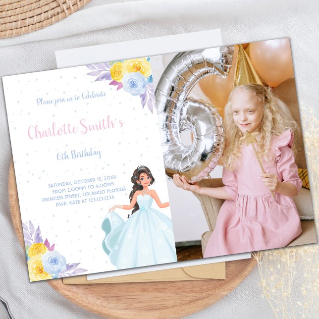 Photo Jaune Floral Princess Invitations d'annivers (Yellow Photo Floral Princess Birthday Invitations)