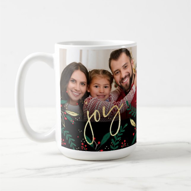 Photo Joy Black Red Green Gold Greenery Christmas  Coffee Mug (Left)