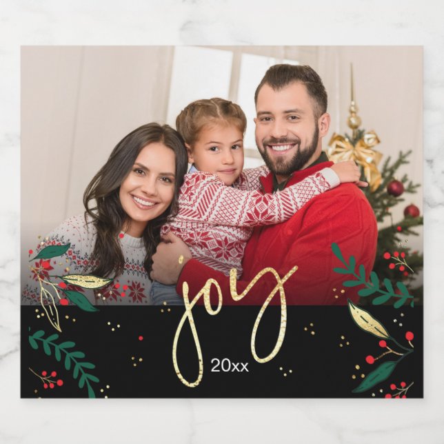 Photo Joy Black Red Green Gold Greenery Christmas  Sparkling Wine Label (Single Label)