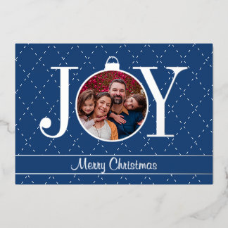 Photo JOY Blue White Christmas Silver Foil Holiday Card