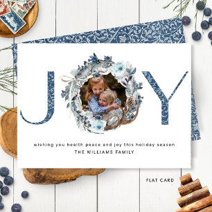 Photo Joy in Blue and Silver Elegant Rustic Wreath Holiday Card