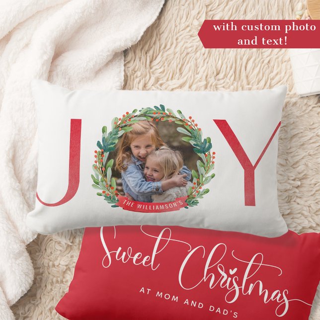 Photo, Joy Photo Overlay Greenery Holly Wreath Lumbar Pillow (Creator Uploaded)