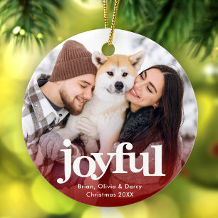 Photo Joyful Bold Typography Minimal Red Christmas Ceramic Ornament