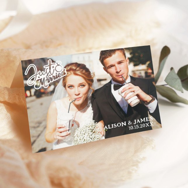 Photo Just Married Modern Script Heart Wedding  Announcement (Creator Uploaded)