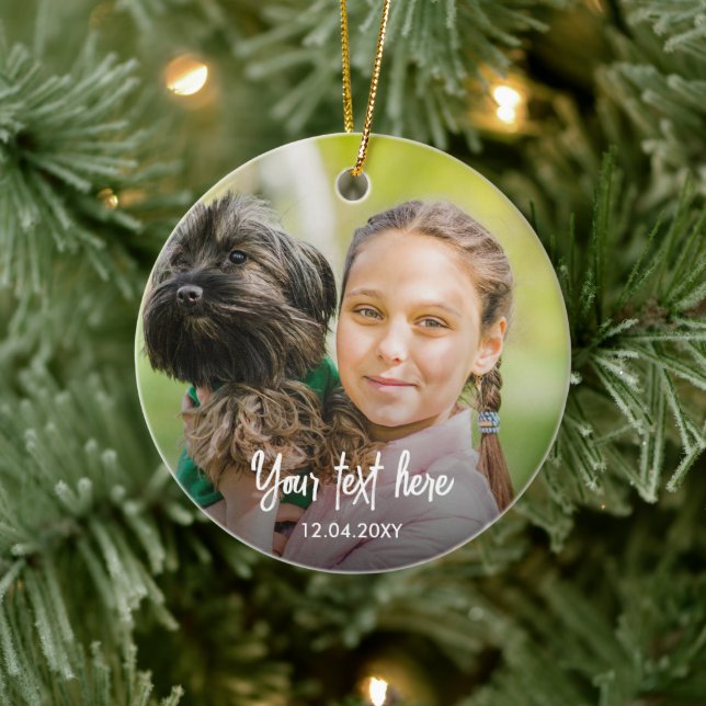 Photo Keepsake Custom Text Christmas Ceramic Ornament (Tree)
