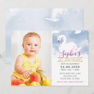 PHOTO KIDS BIRTHDAY PARTY swan princess blue pink Invitation