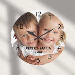 Photo kids children names year large clock<br><div class="desc">Add Your own favorite photo of your family,  kids,  children,  friends or pet.  Black numbers.  Personalize and add their names and year,  black letters.
Perfect for father's day,  mother's day or as a birthday or Christmas gift.</div>