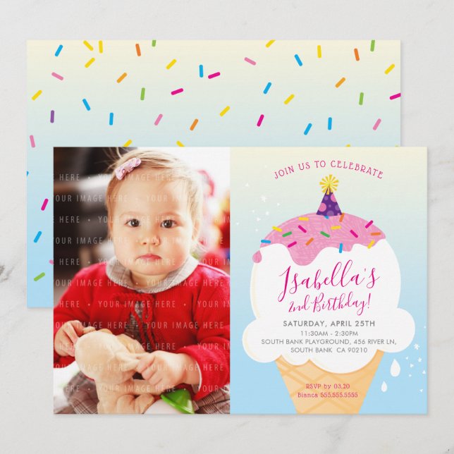 PHOTO KIDS PARTY INVITATION rétro crème glacée côn (Devant / Derrière)