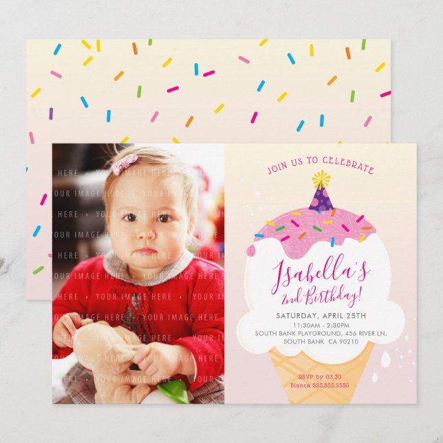 PHOTO KIDS PARTY INVITE retro ice-cream cone pink (Front/Back)