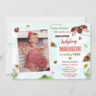 Photo ladybug 1st birthday invitation Girl lovebug
