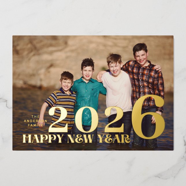 PHOTO Large Premium GOLD HAPPY NEW YEAR 2026 Foil Holiday Card (Front)