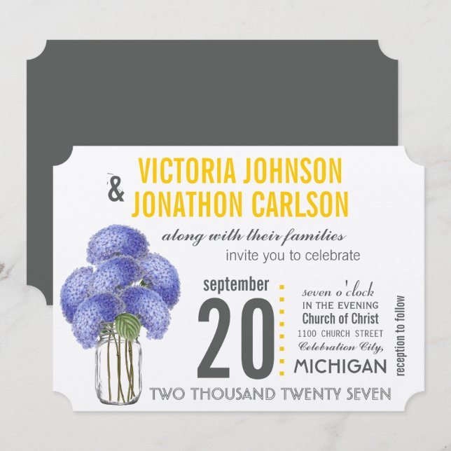 Photo Lavender Yellow Hydrangea Mason Jar Wedding Invitation (Front/Back)