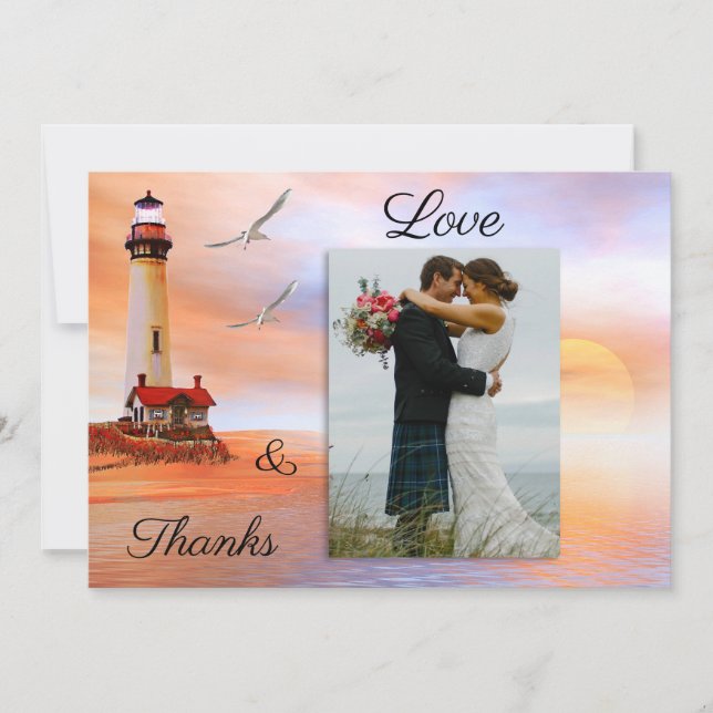 Photo Lighthouse Beach Wedding Thank You Card (Front)