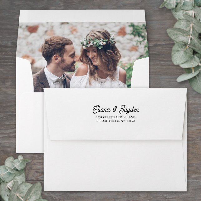 Photo Lined Retro Script Return Address Wedding Envelope (Creator Uploaded)
