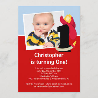 Photo Little Firefighter Boy First Birthday Party Invitation