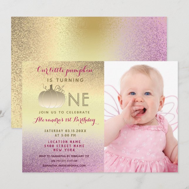 Photo Little Pumpkin 1st Birthday , Pink and Gold Invitation (Front/Back)