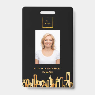 Photo logo black gold city skyline real estate badge