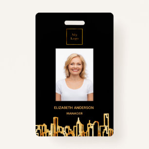 Photo logo black gold city skyline real estate badge