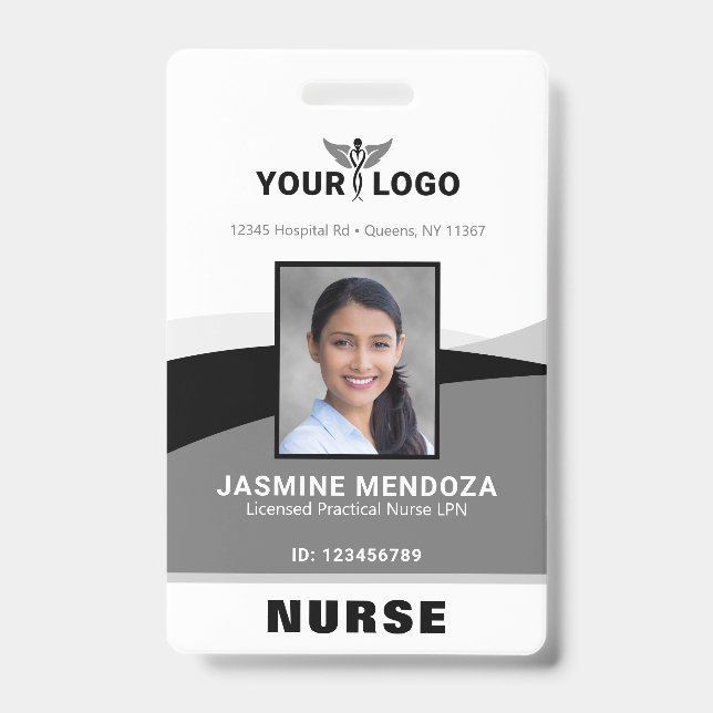Photo Logo Black Grey Template Corporate Name ID Badge (Front)