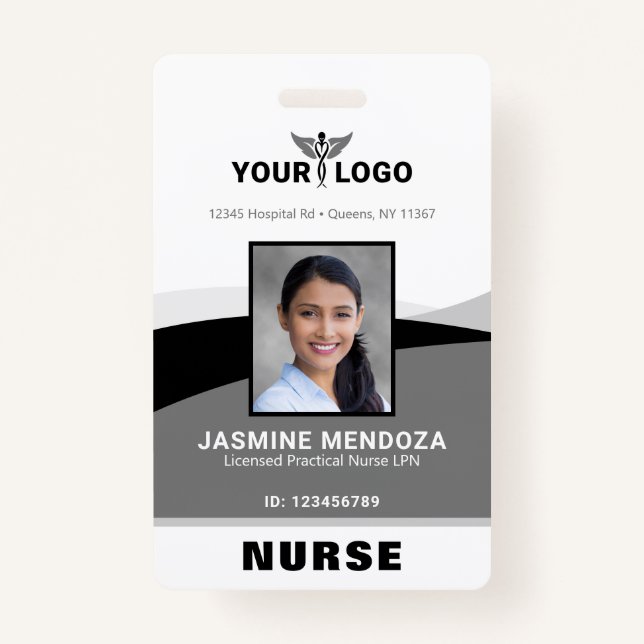 Photo Logo Black Grey Template Corporate Name ID Badge (Front)