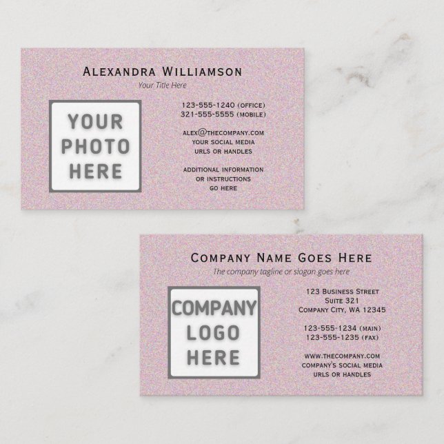 Photo Logo Horizontal Double-Sided Glittery Pink Business Card (Front/Back)