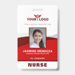 Photo Logo Red Template Employee Name Nurse ID Badge<br><div class="desc">Create your own DIY personalized red employee name tags and badges on this easy-to-use, modern template that you can add your own photo, business logo and other important company information onto. While the sophisticated design on these vertical professional name badges is shown for doctors, nurses and other medical staff, the...</div>