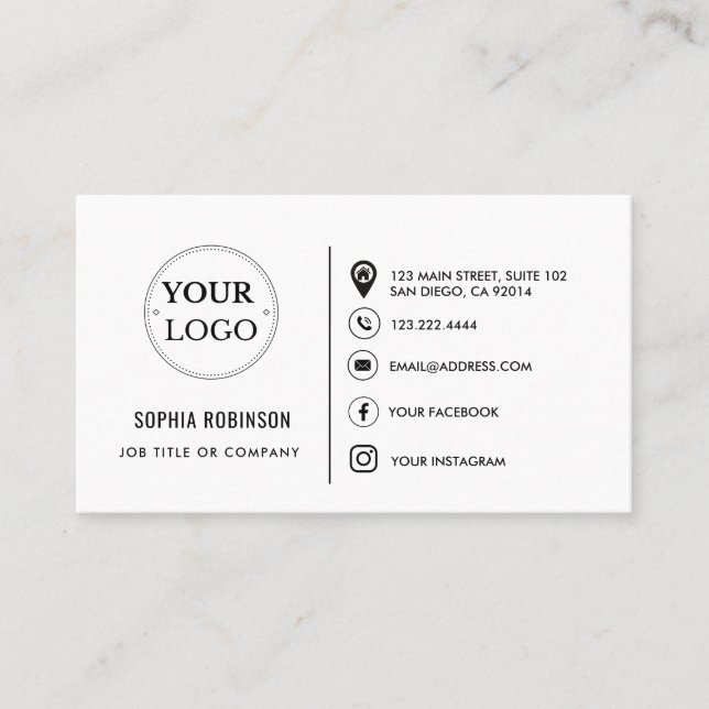 Photo Logo Social Media Icons Modern  Business Card (Front)