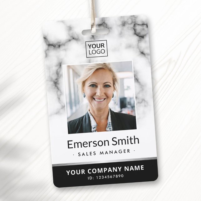Photo logo white marble black modern employee badge (Photo logo white marble black modern employee badge)