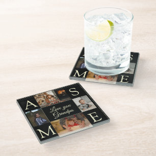 Photo Love You Grandpa Minimalist Black Glass Coaster