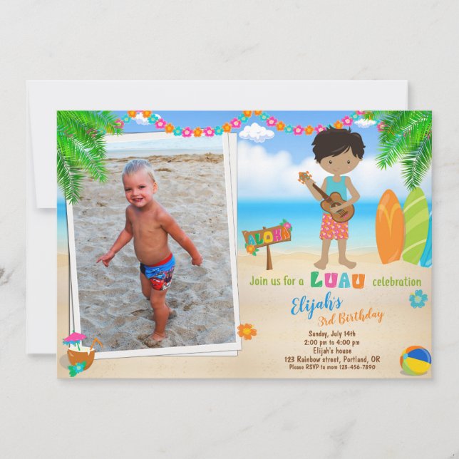 Photo Luau invitation anniversaire garçon de plage (Devant)