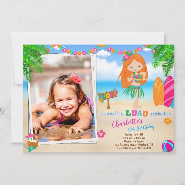 Photo Luau invitation anniversaire plage de filles (Devant)